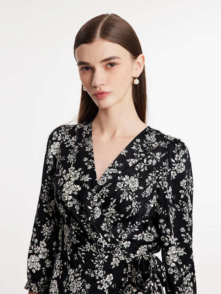 Camellia Print V-Neck Ruffle Hem Women Midi Wrap Dress - Image 6