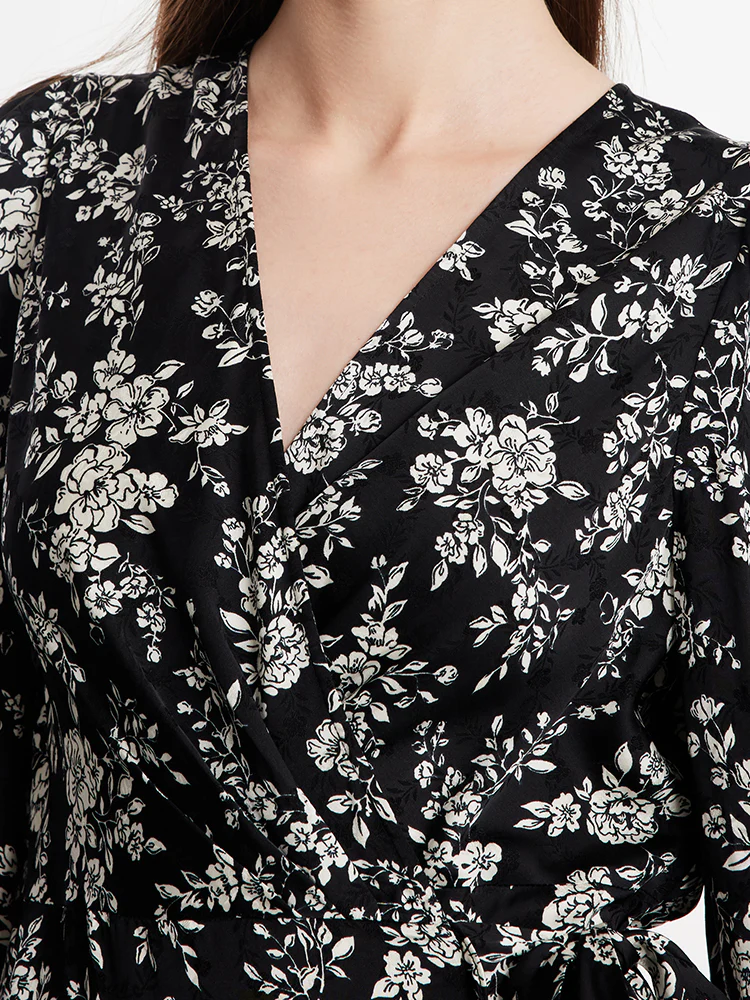 Camellia Print V-Neck Ruffle Hem Women Midi Wrap Dress - Image 7