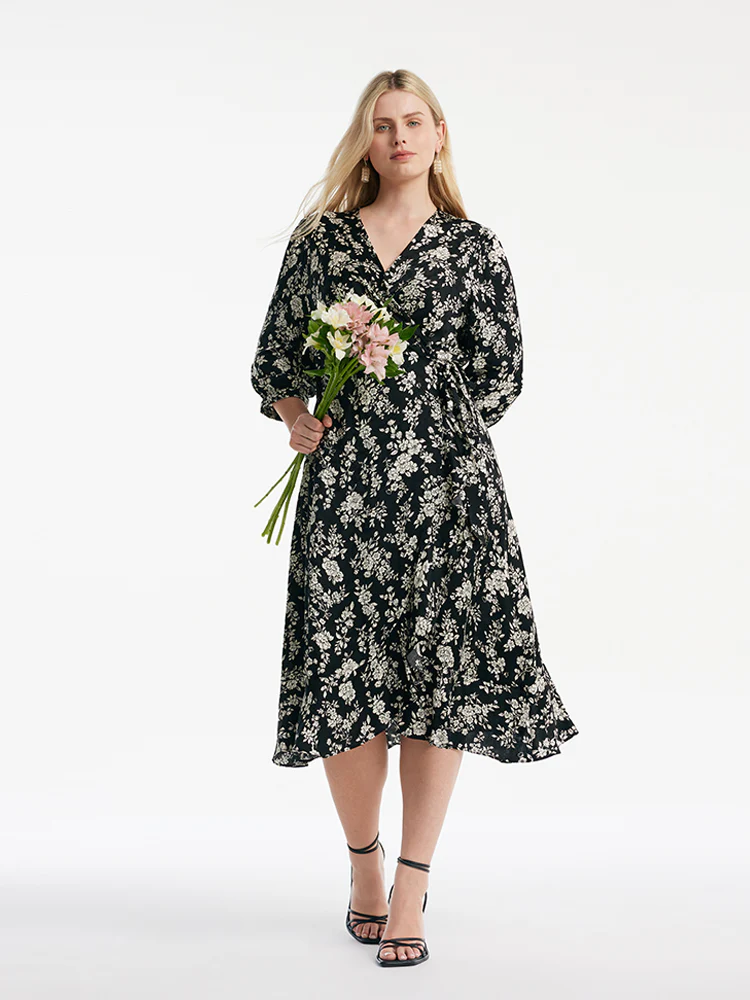 Camellia Print V-Neck Ruffle Hem Women Midi Wrap Dress - Image 9