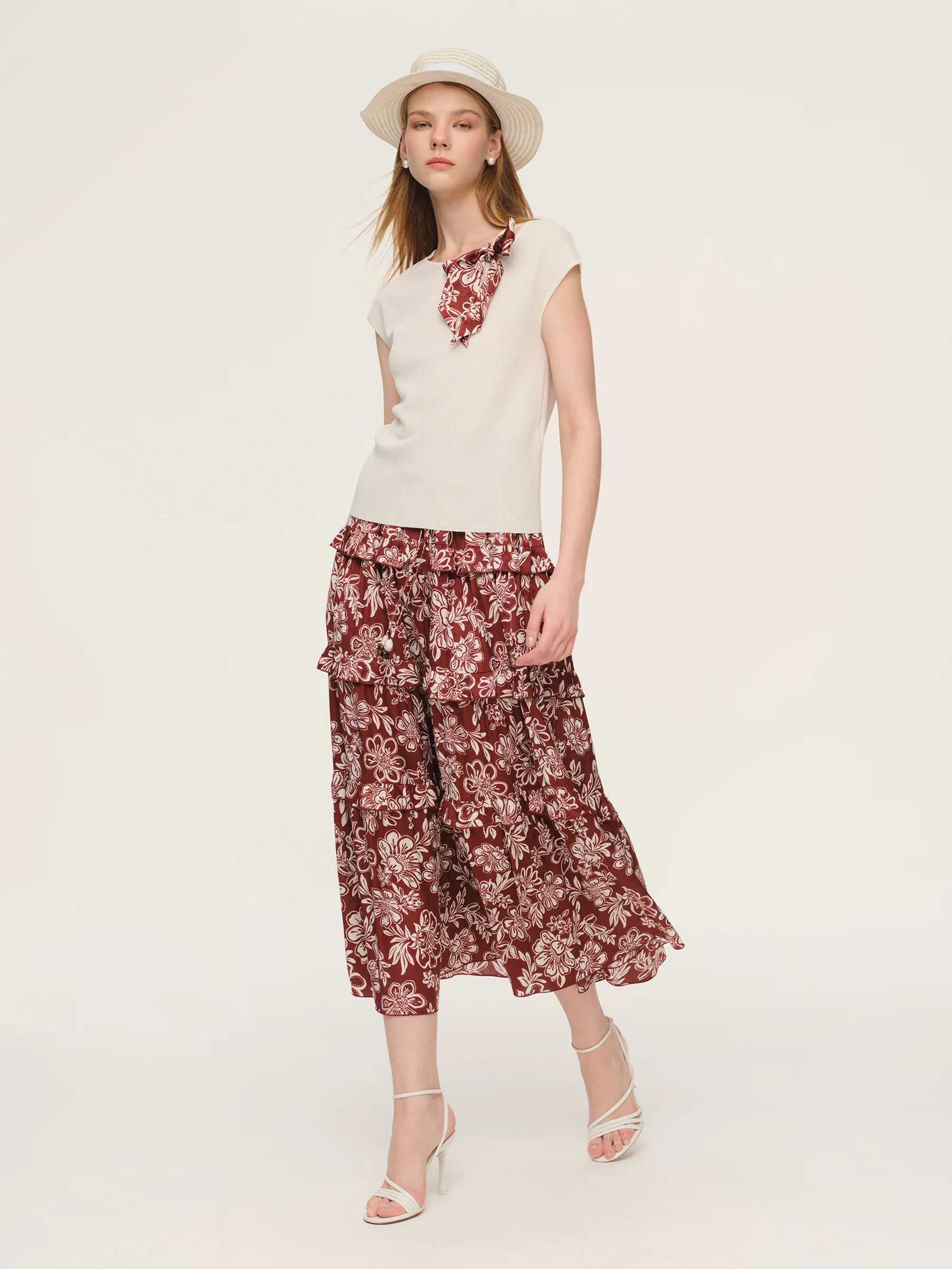 Cap Sleeve Knit Top And Marigold Floral Print Tiered Skirt Two-Piece Set With Silky Scarf - Image 3