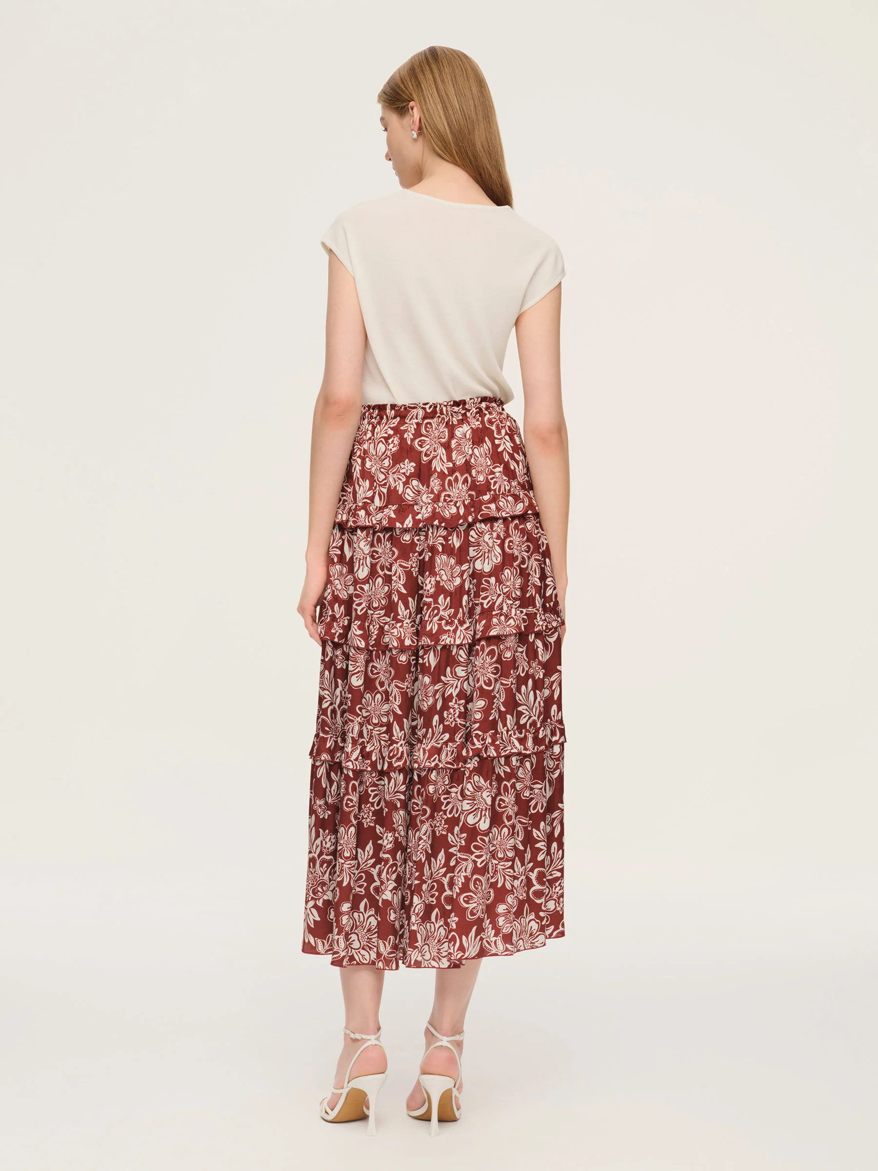 Cap Sleeve Knit Top And Marigold Floral Print Tiered Skirt Two-Piece Set With Silky Scarf - Image 4