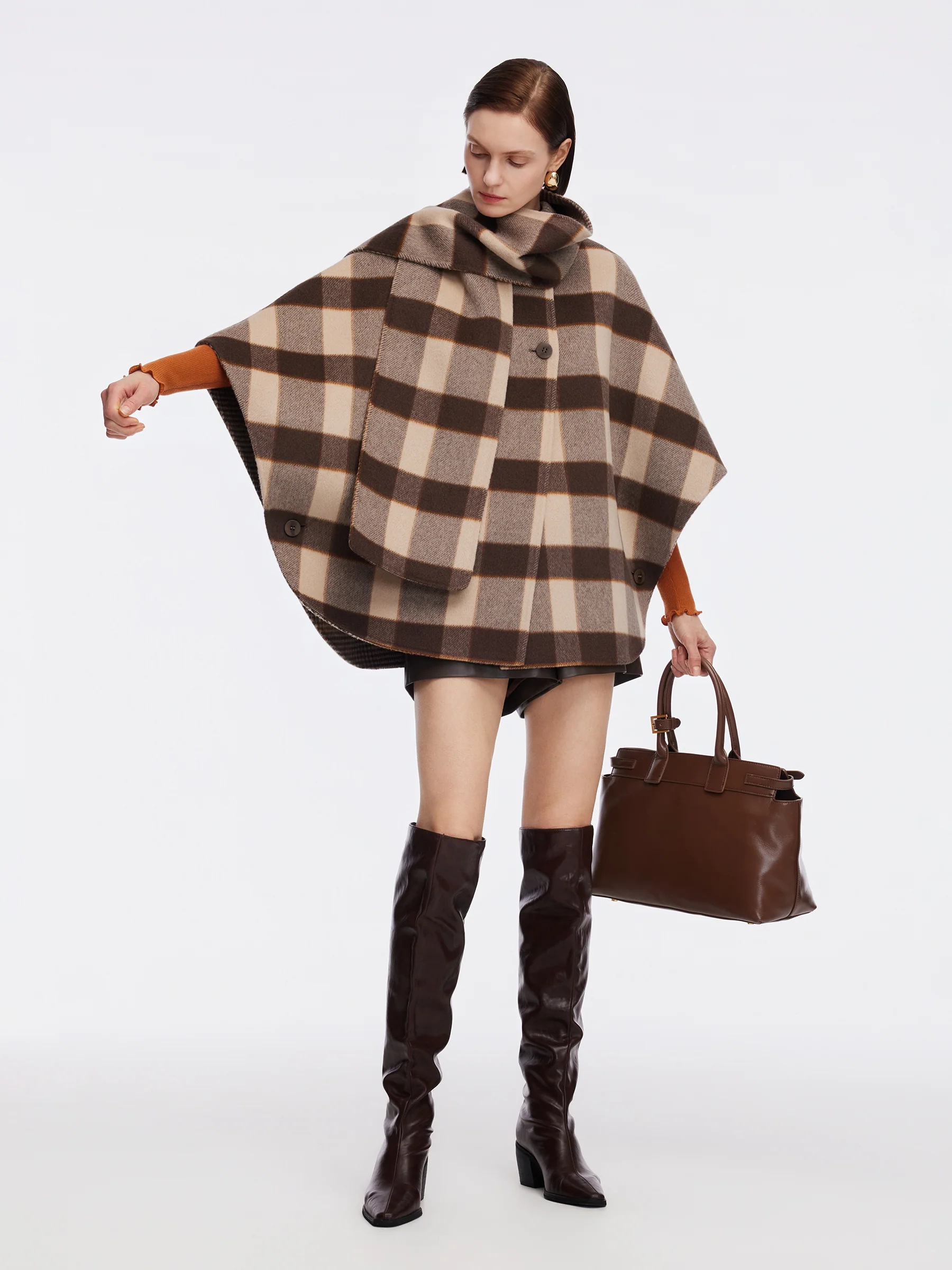 Cashmere Wool Plaid Double-Faced Reversible Women Cape Coat With Scarf - Image 3
