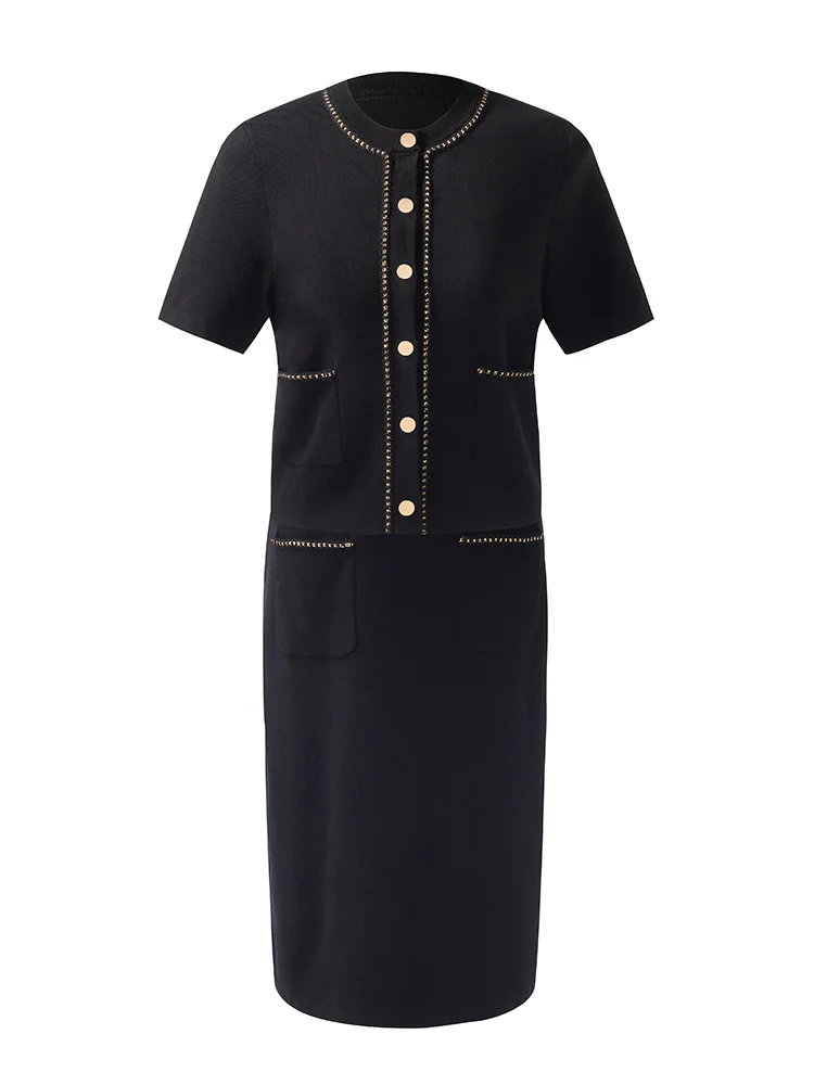 Chain Trim Knitted Jacket And Vest Dress Two-Piece Set - Image 10