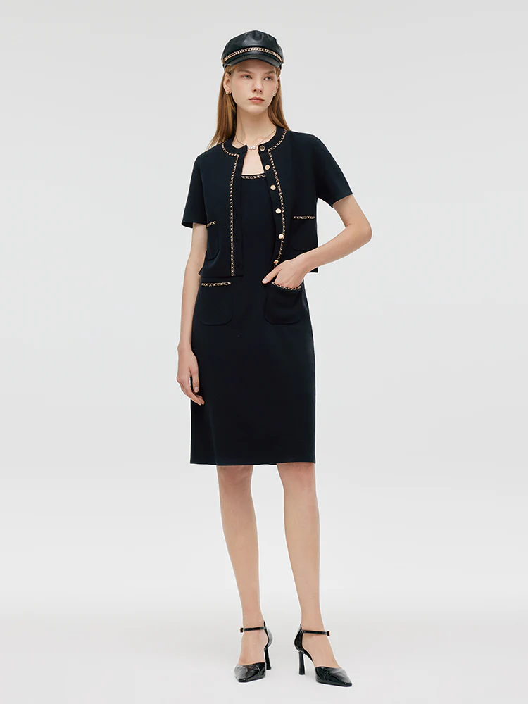 Chain Trim Knitted Jacket And Vest Dress Two-Piece Set - Image 3