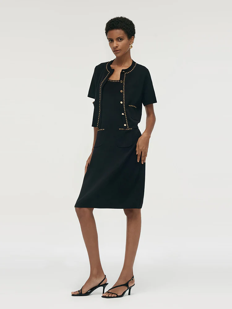Chain Trim Knitted Jacket And Vest Dress Two-Piece Set - Image 7