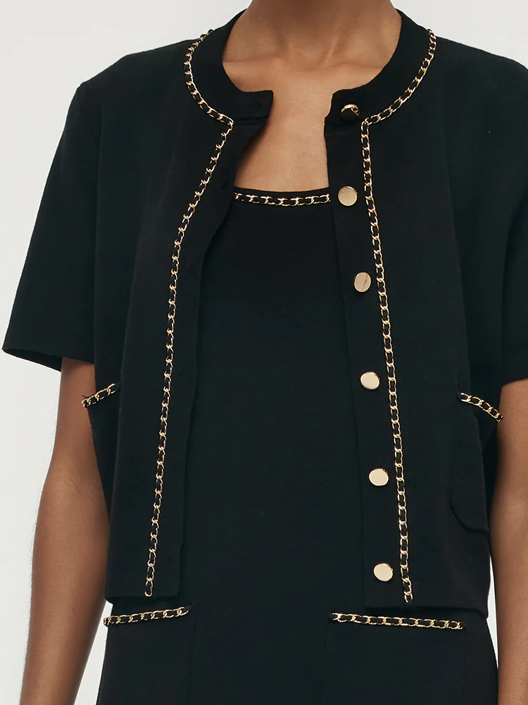 Chain Trim Knitted Jacket And Vest Dress Two-Piece Set - Image 9