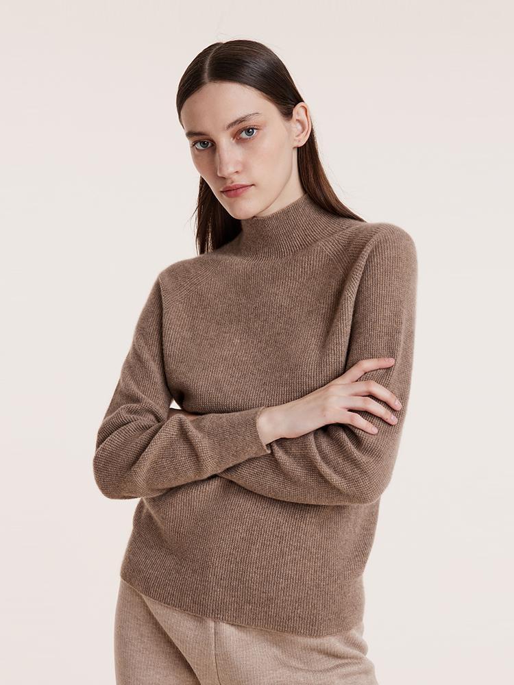 Coffee Seamless Mock Neck Cashmere Women Sweater - Image 7