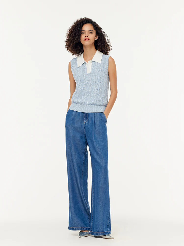 Contrast Collar Women Knit Polo Tank Top - Image 4