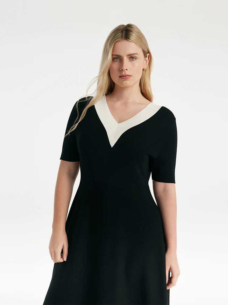 Contrast V-Neck Slim Knitted Women Midi Dress - Image 13