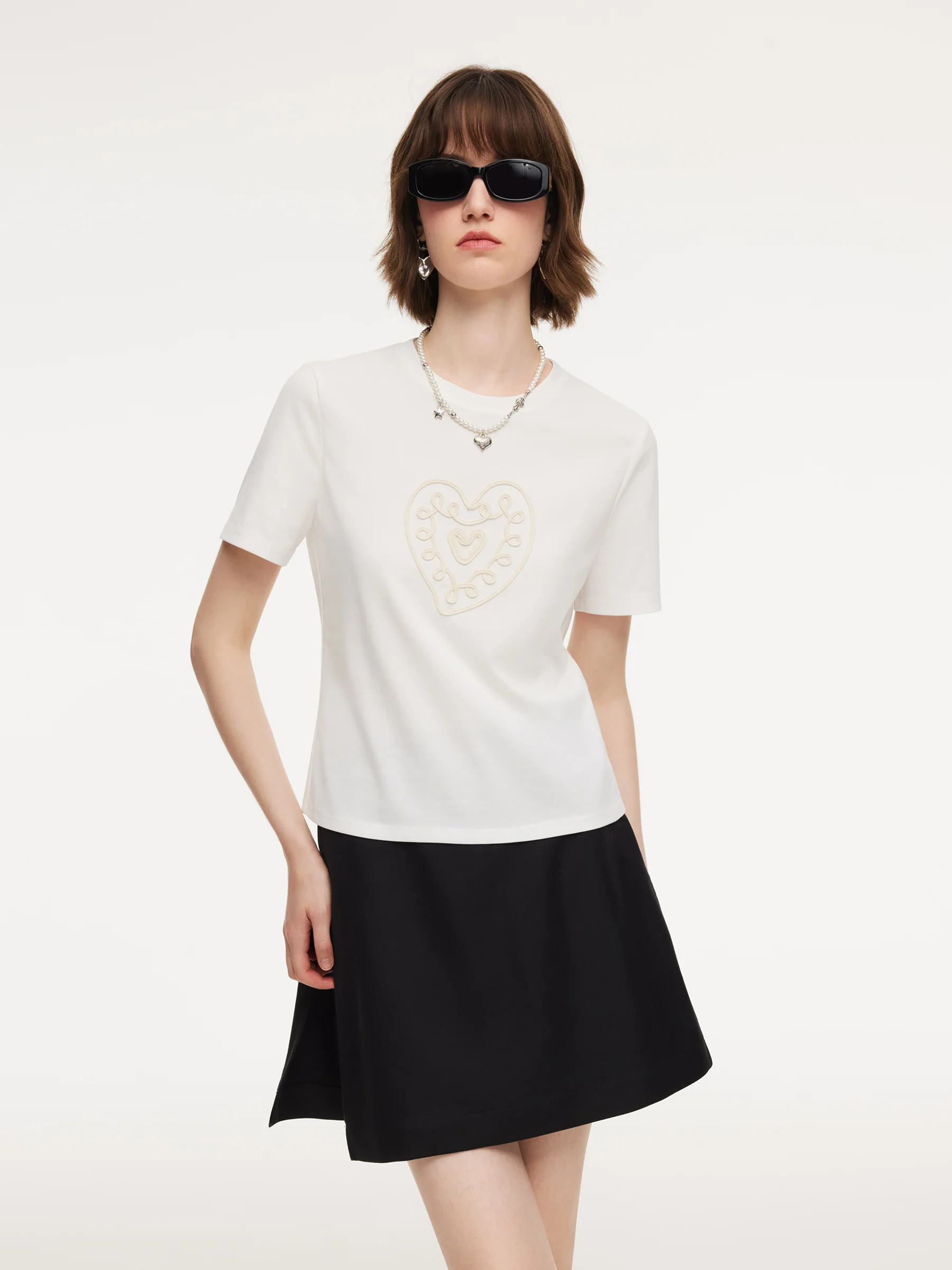 Cotton Blend Round Neck Tape Embroidered Women T-Shirt