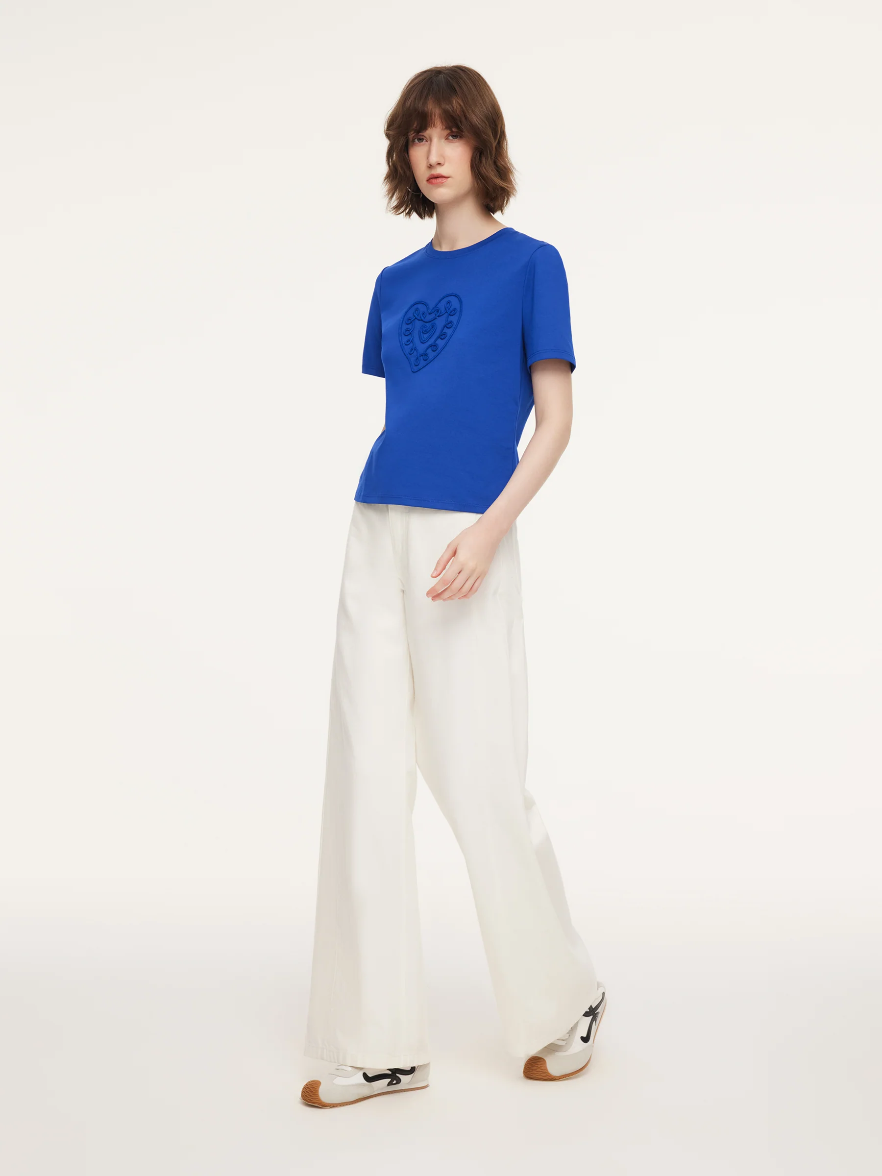 Cotton Blend Round Neck Tape Embroidered Women T-Shirt - Image 23