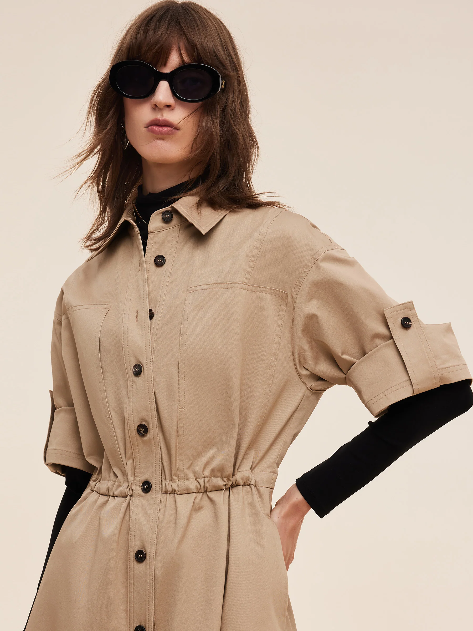 Cotton Drawstring Waist Women Trench Coat - Image 6
