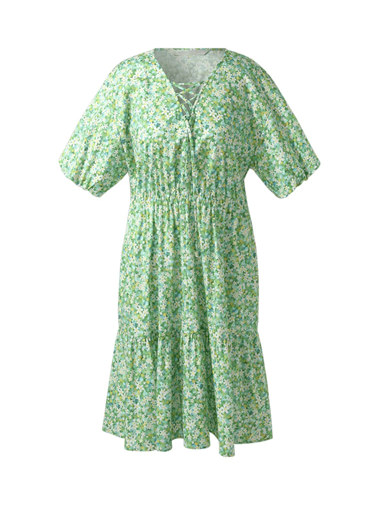 Cotton Floral Print Drawstring Front Women Mini Dress With Hairband - Image 6