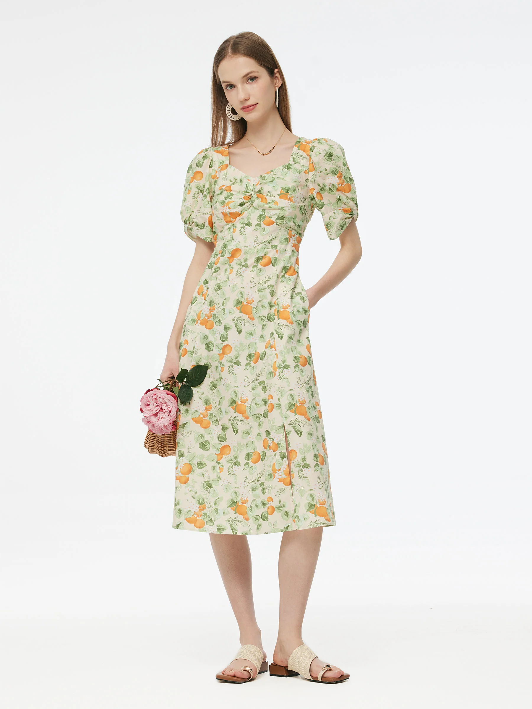 Cotton Floral Print Twist Front Women Midi Dress - Image 3