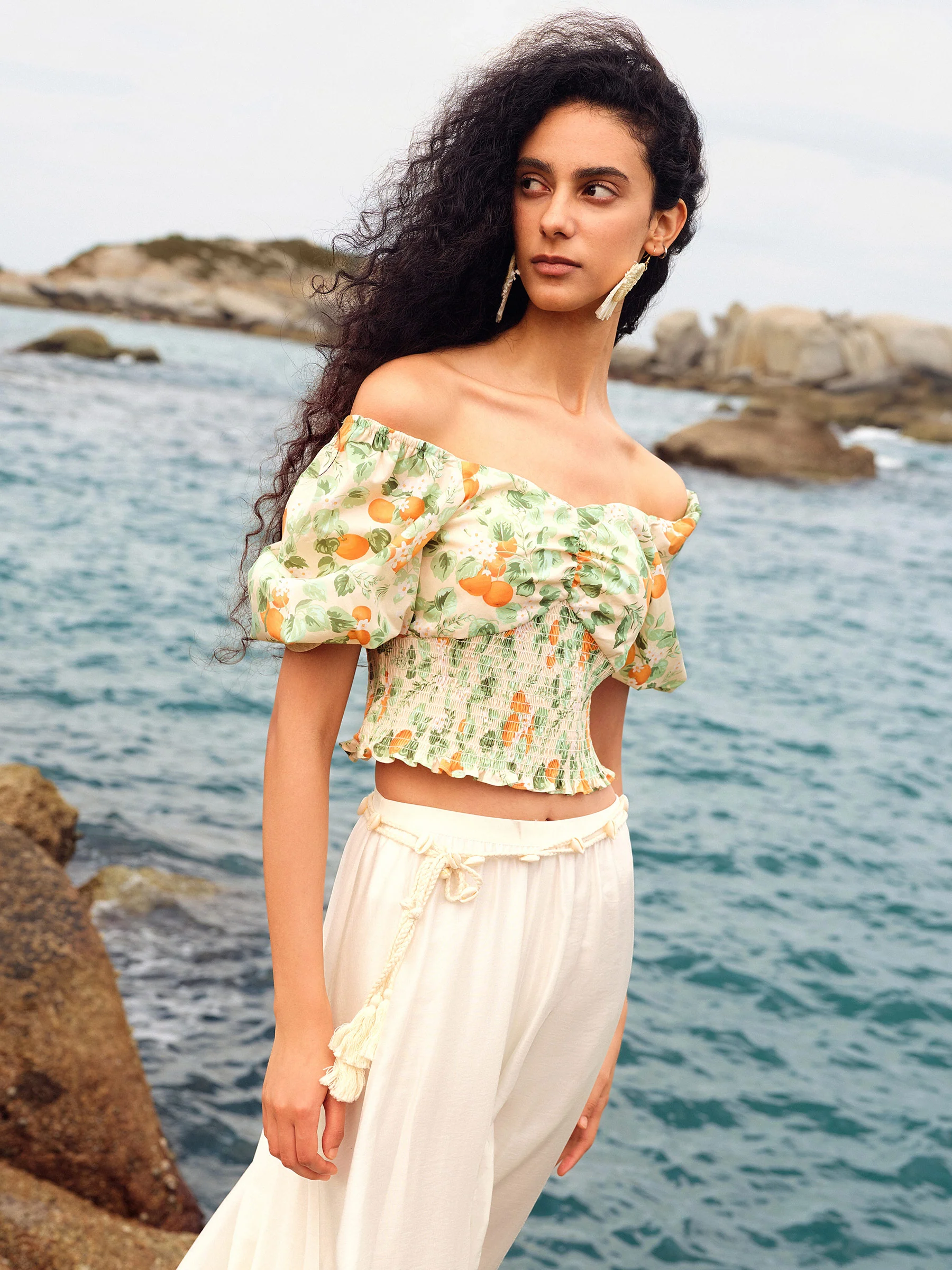 Cotton Floral Print Women Smocked Top