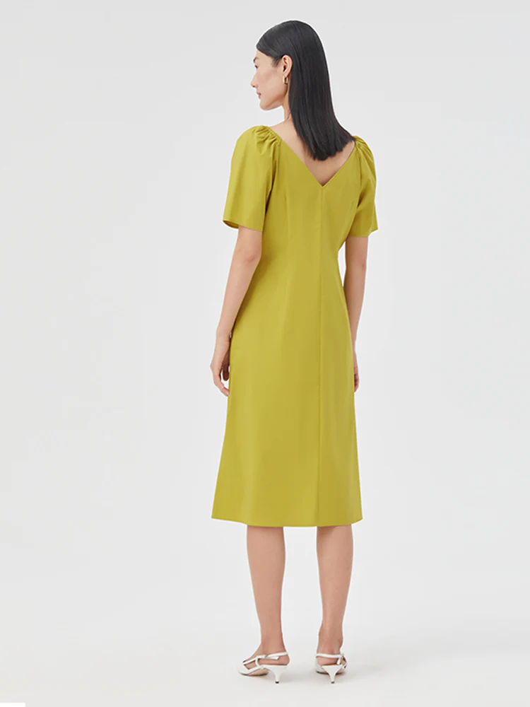 Puff Sleeve Gathered Pleated Midi Dress - Image 3