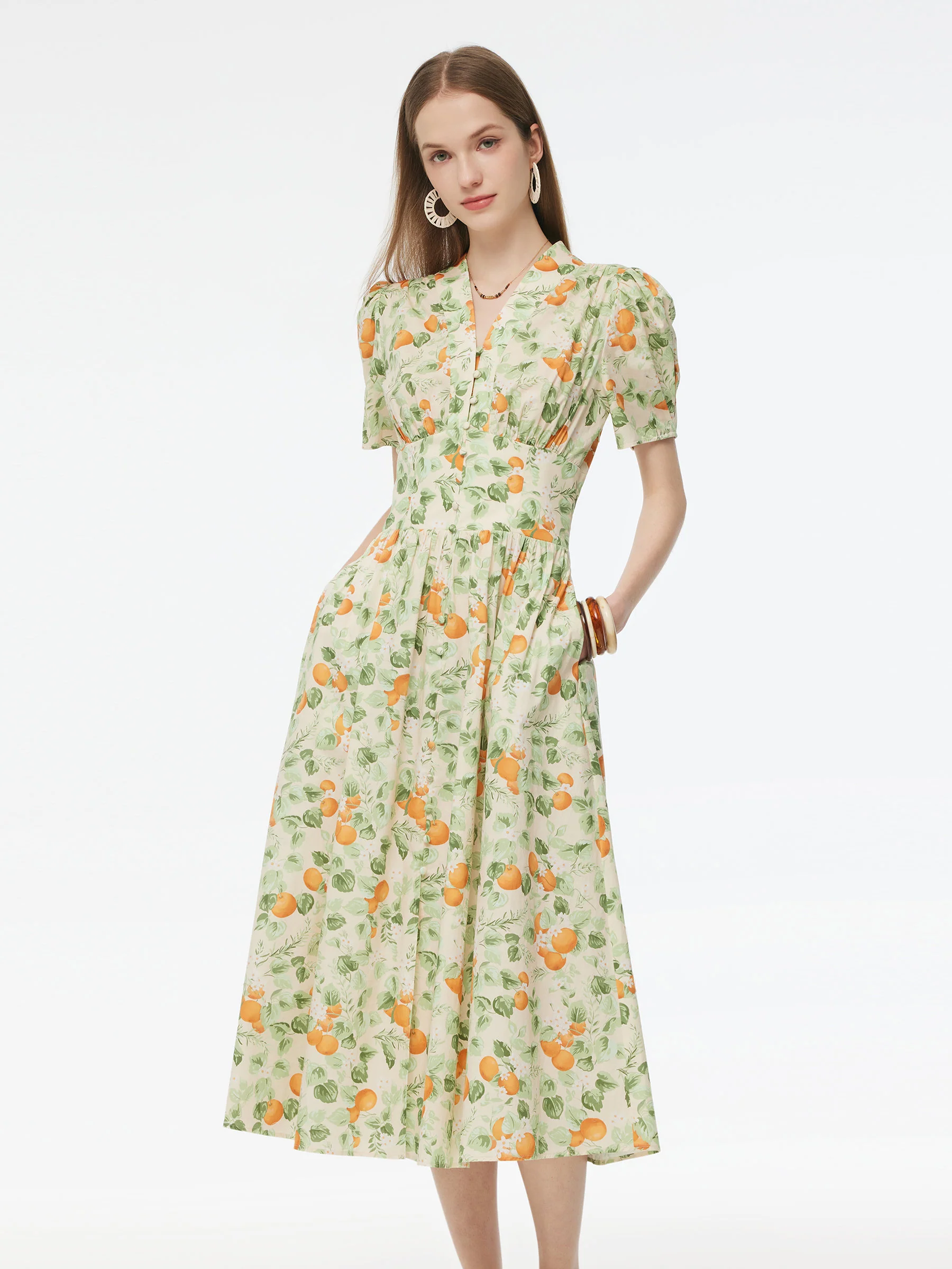 Cotton Gathered Waist Floral Print Women Maxi Dress