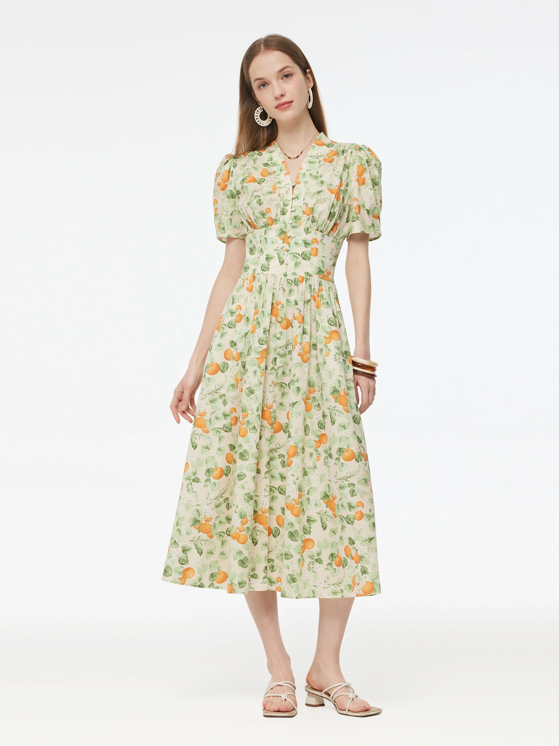 Cotton Gathered Waist Floral Print Women Maxi Dress - Image 2