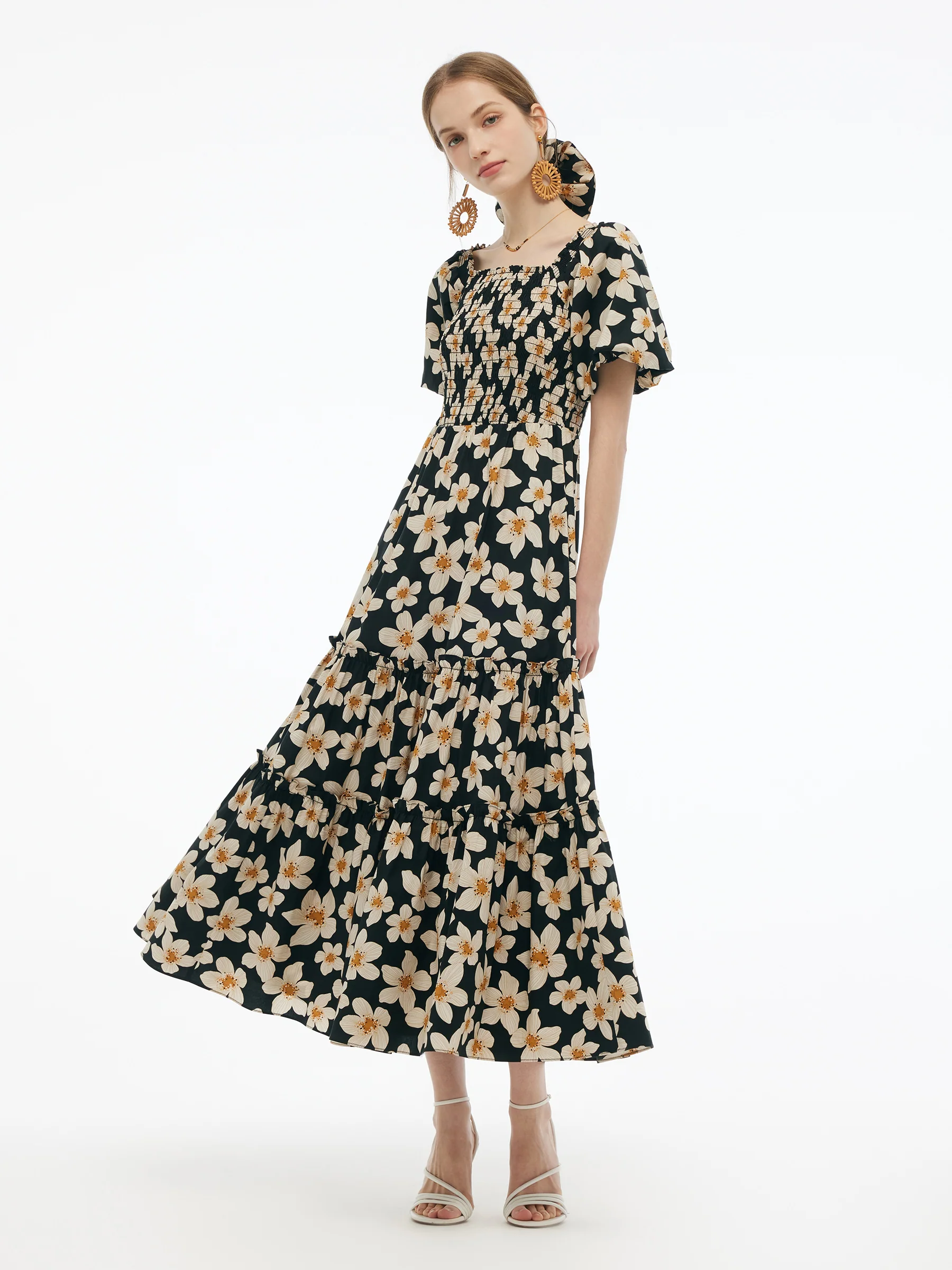 Cotton Stretch Floral Print Women Smocked Maxi Dress - Image 2