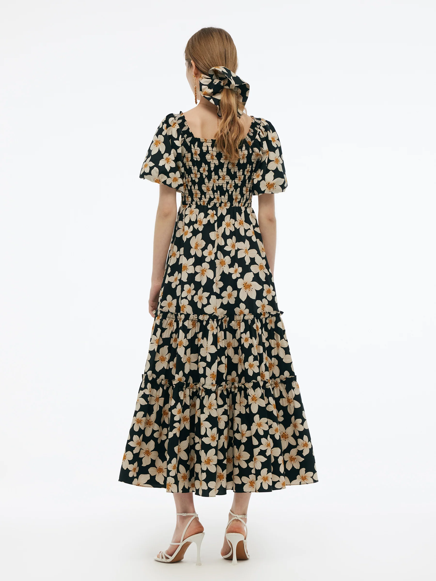 Cotton Stretch Floral Print Women Smocked Maxi Dress - Image 3