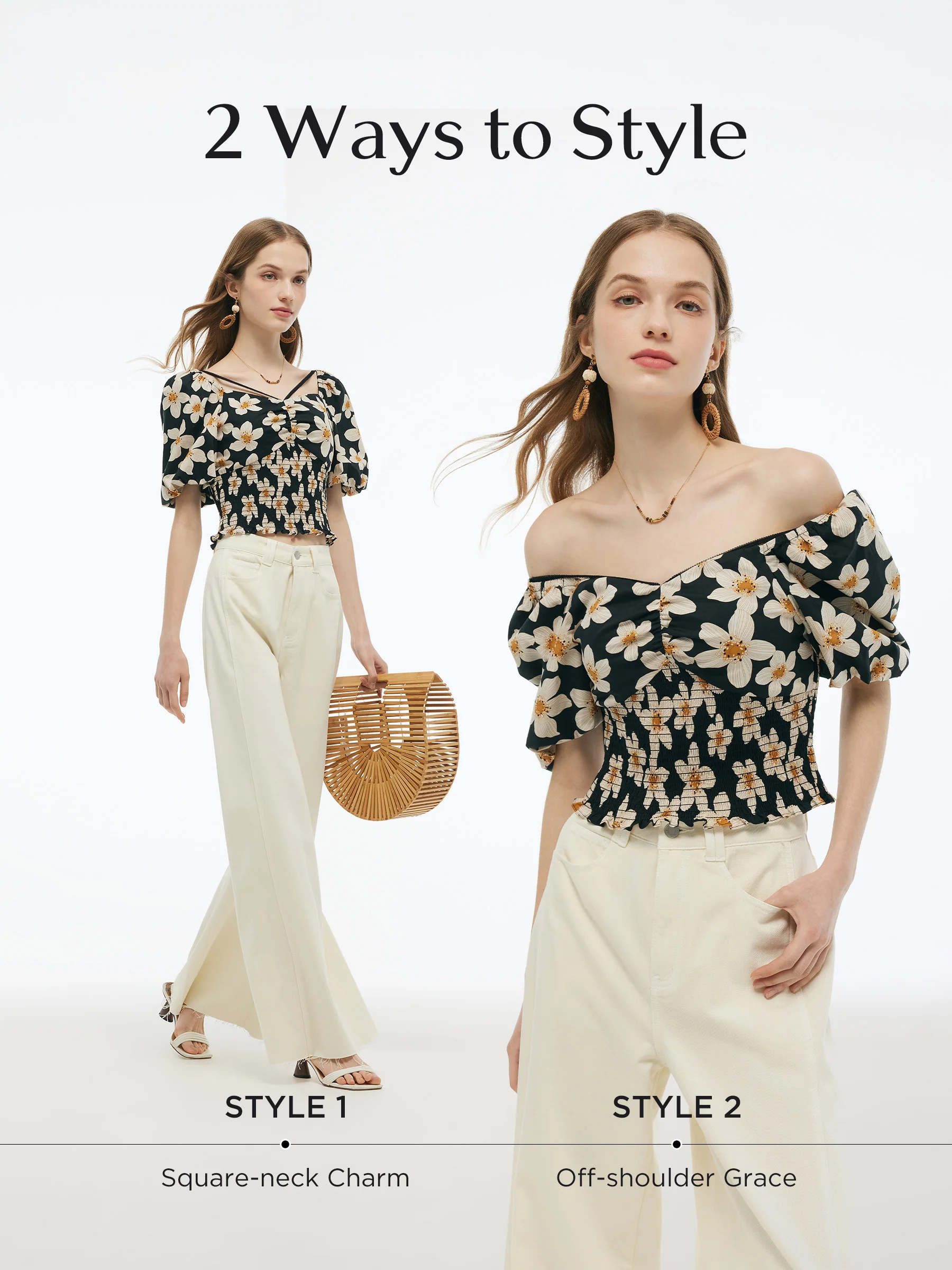 Cotton Stretch Floral Print Women Smocked Top - Image 2