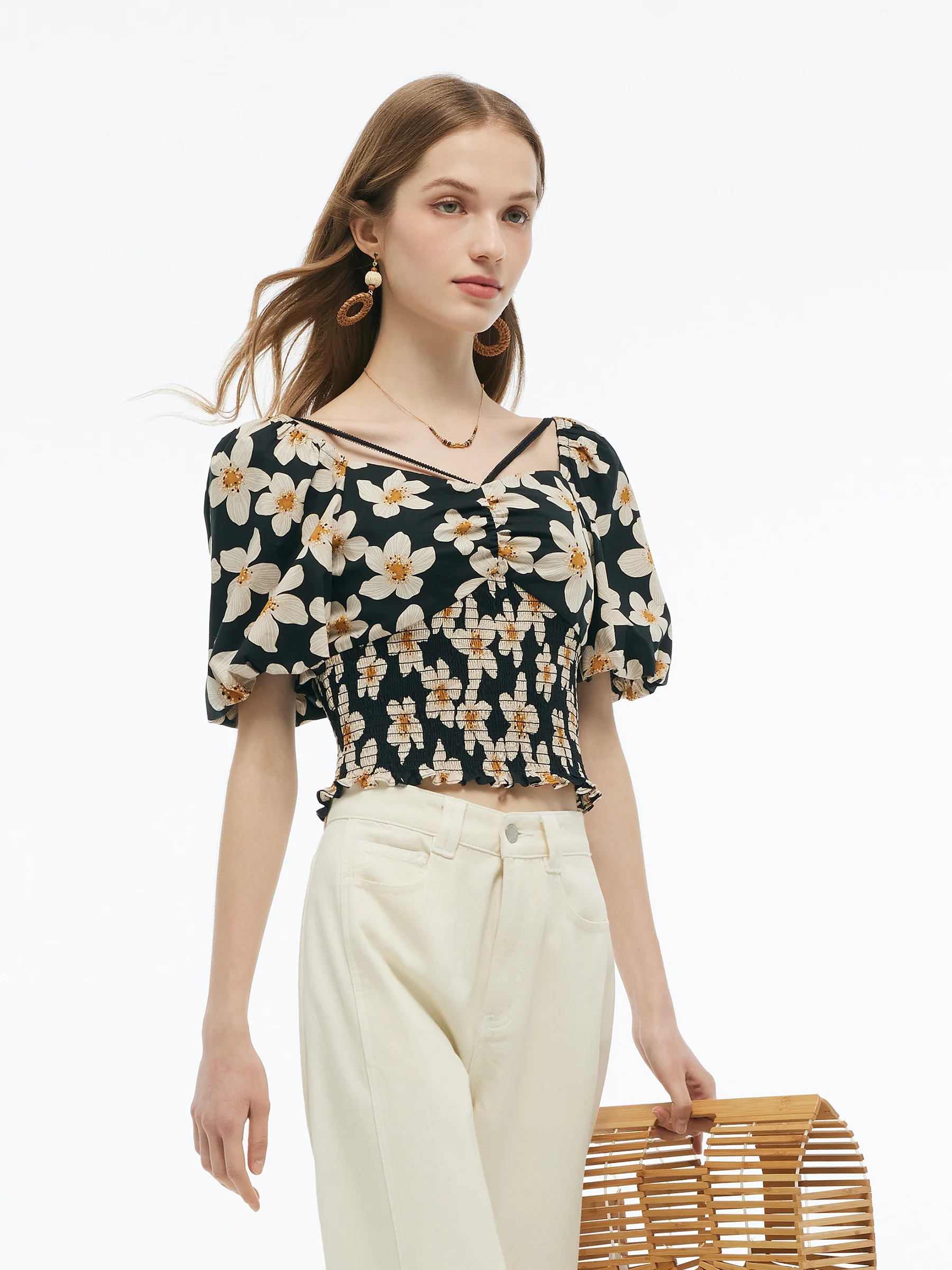 Cotton Stretch Floral Print Women Smocked Top - Image 5