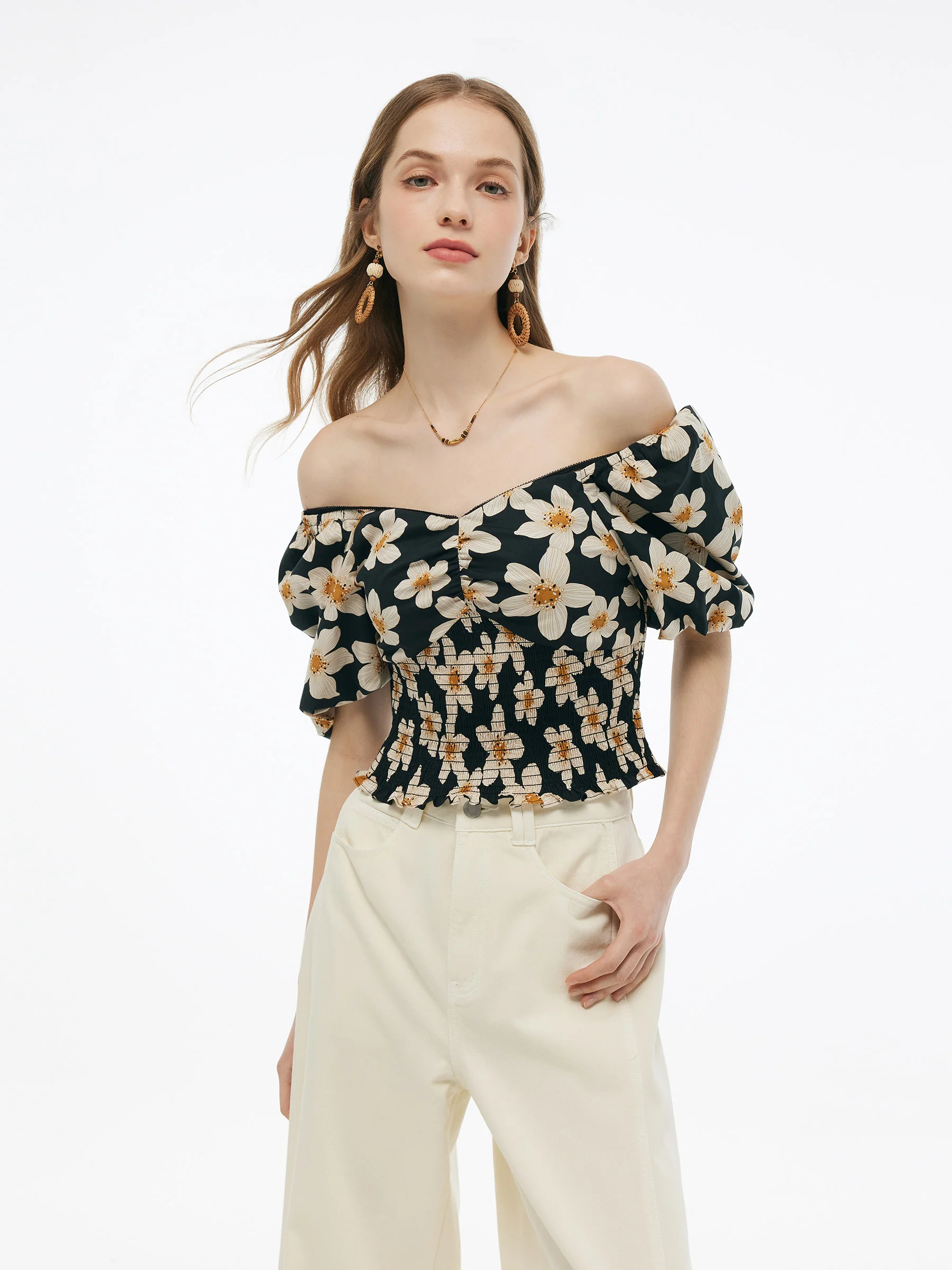 Cotton Stretch Floral Print Women Smocked Top - Image 6