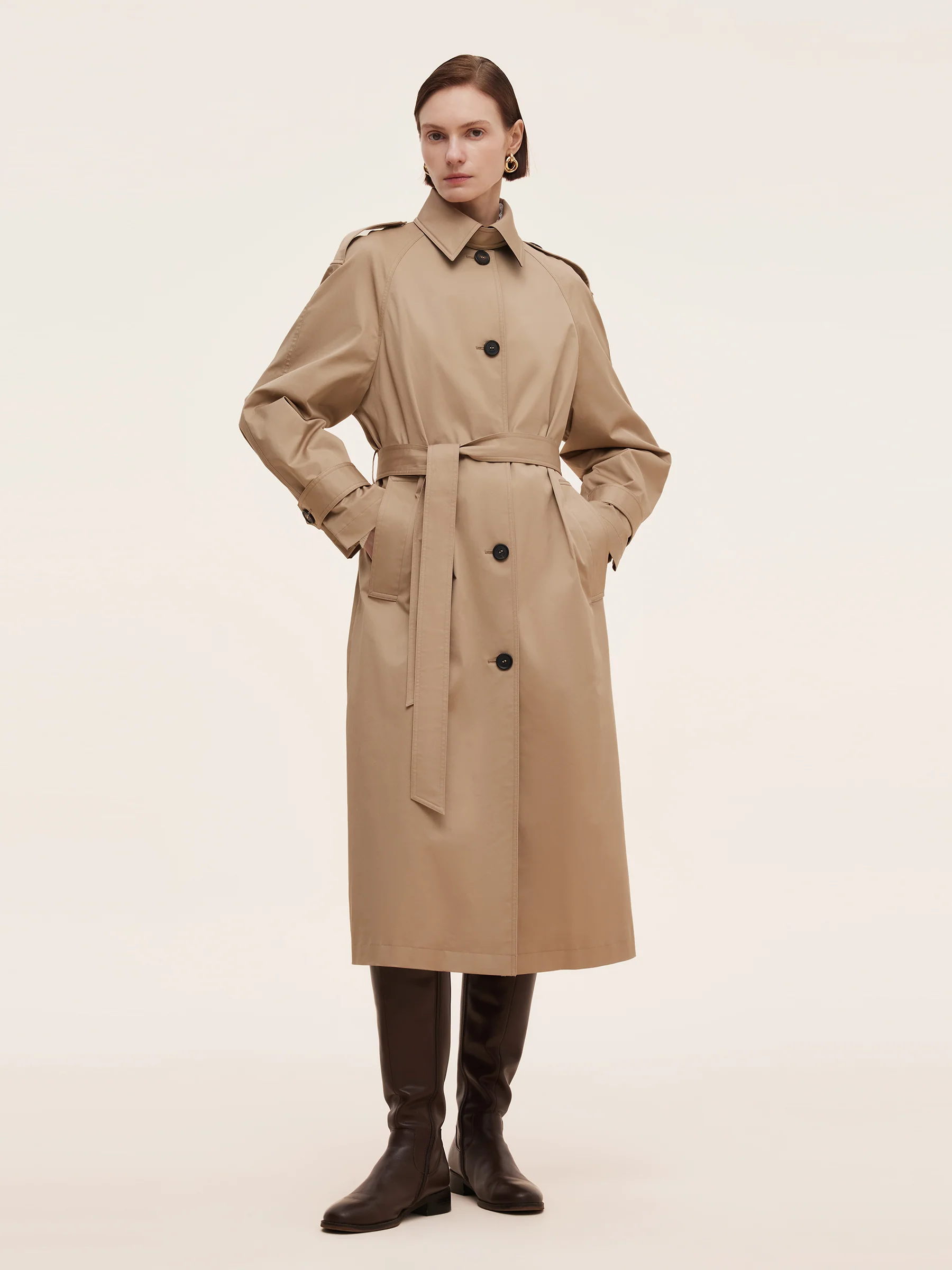 Cotton Self-Tie Belt Women Long Trench Coat - Image 2