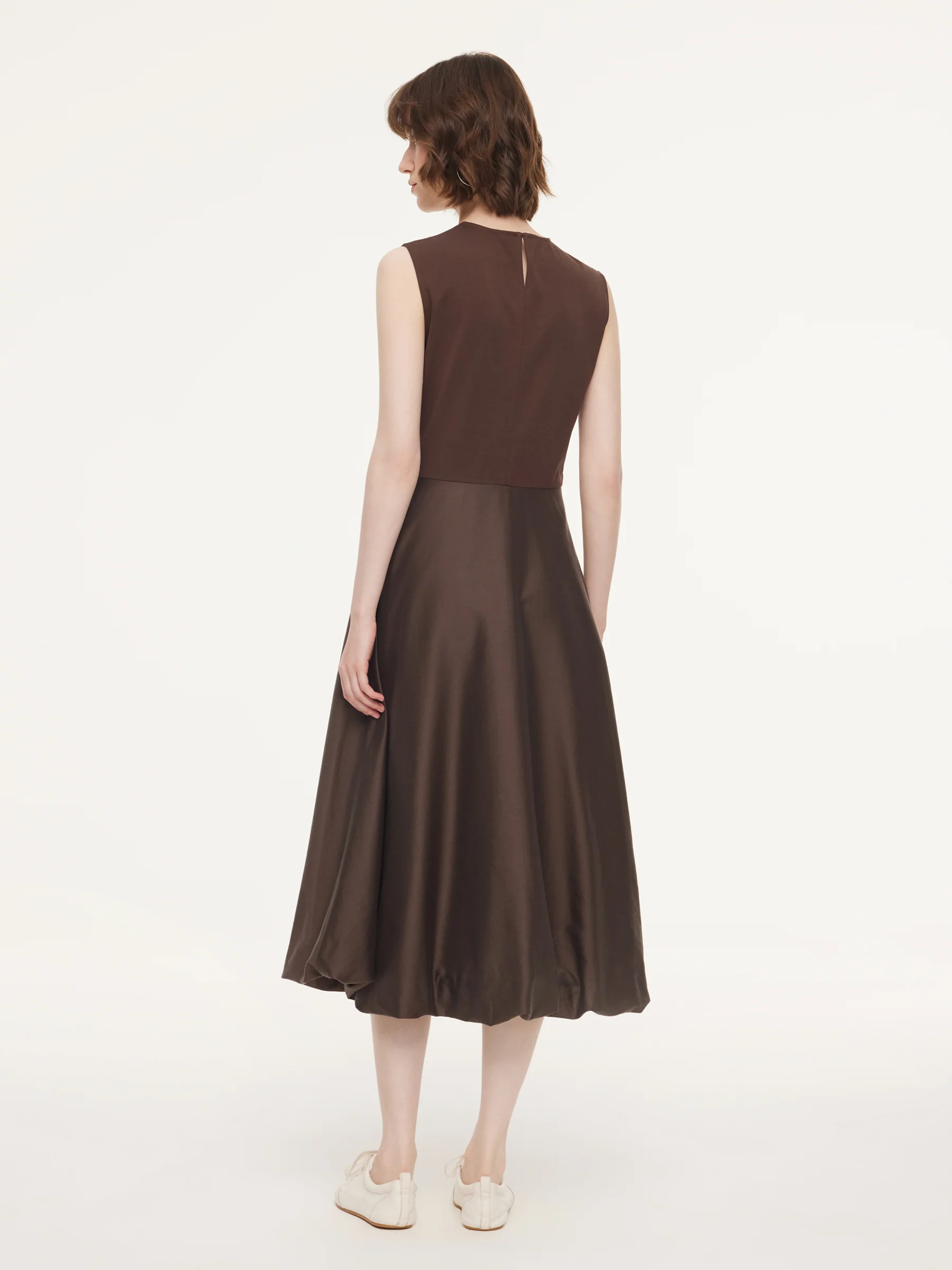 Dark Brown Patchwork Bubble Hem Women Sleeveless Maxi Dress With Bag - Image 3