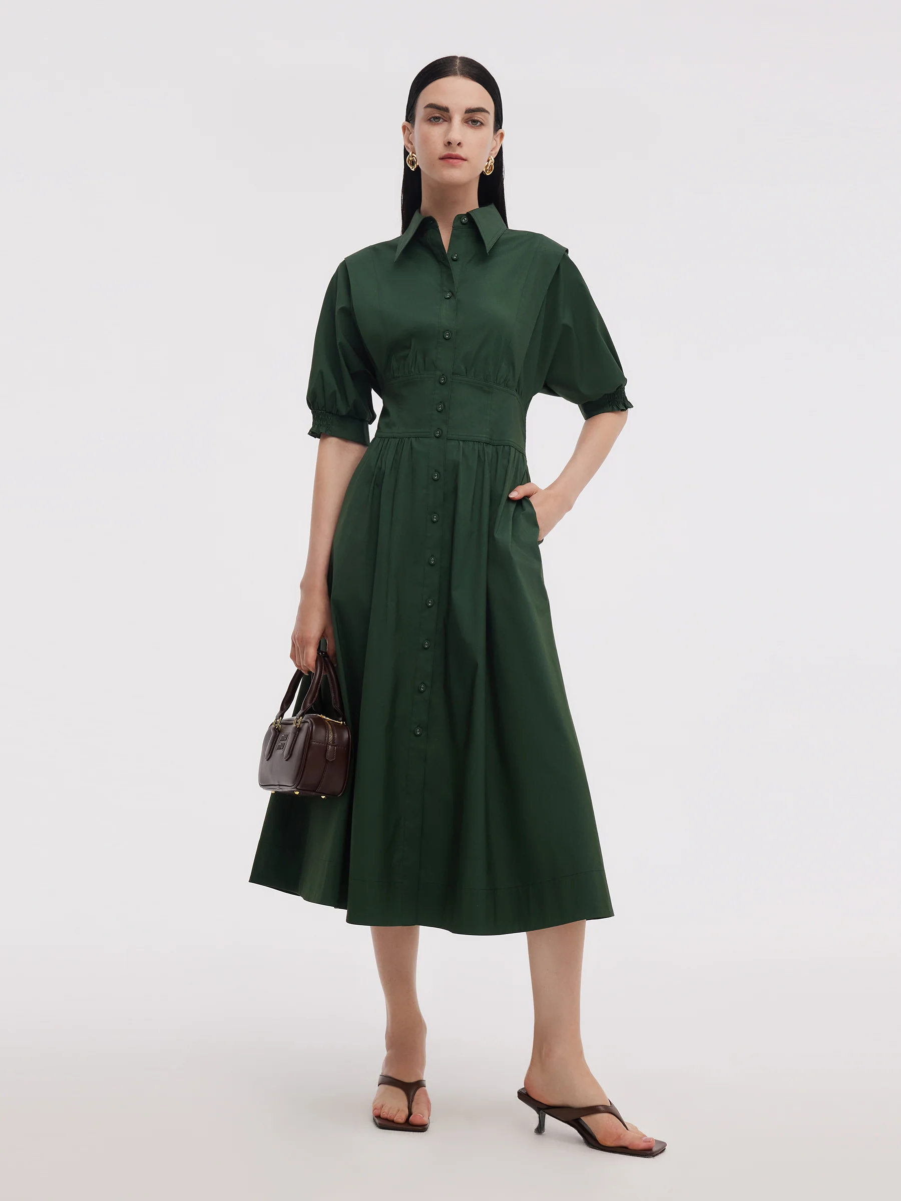 Dark Green Gathered Waist Women Maxi Shirt Dress