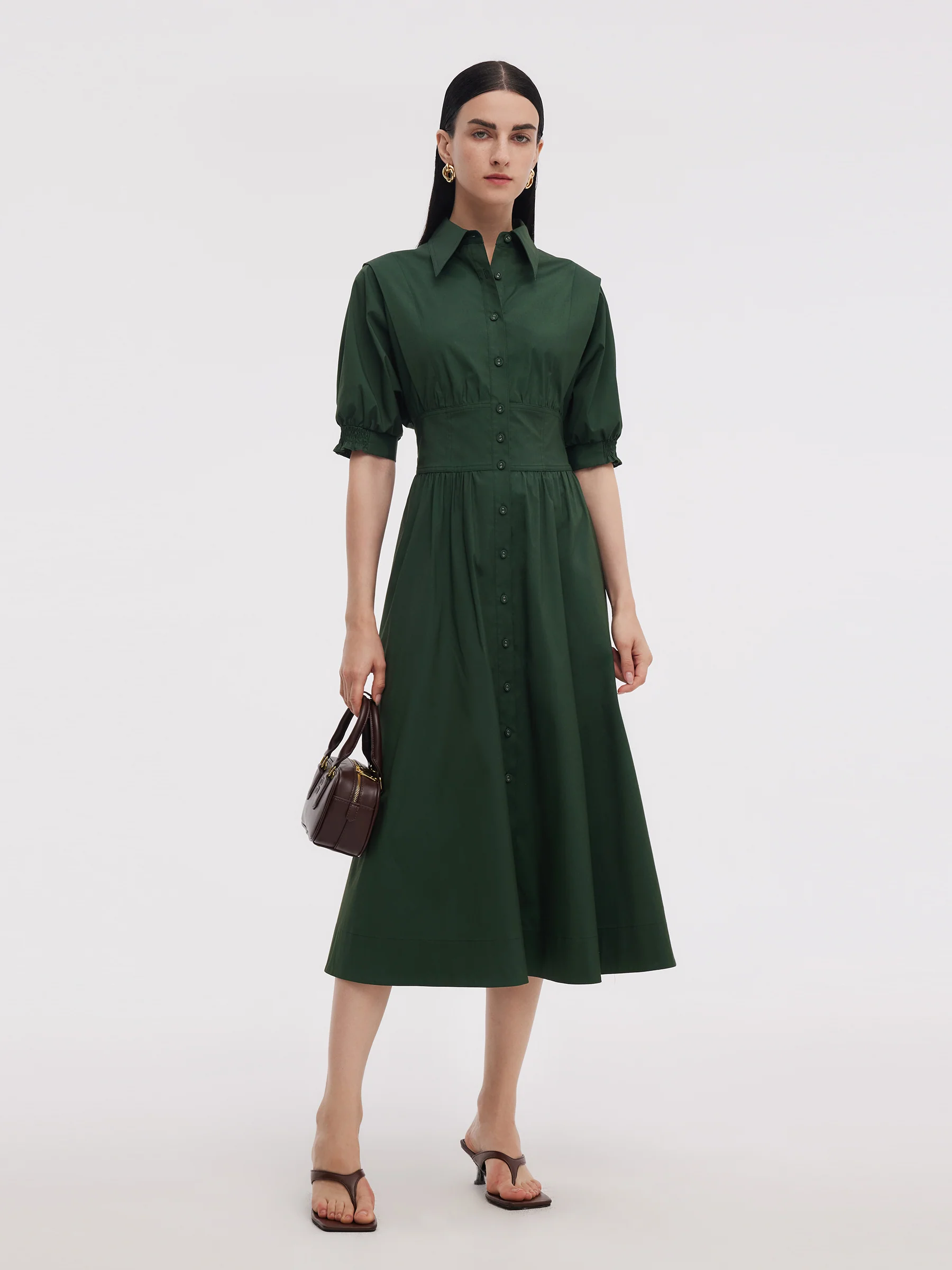 Dark Green Gathered Waist Women Maxi Shirt Dress - Image 2