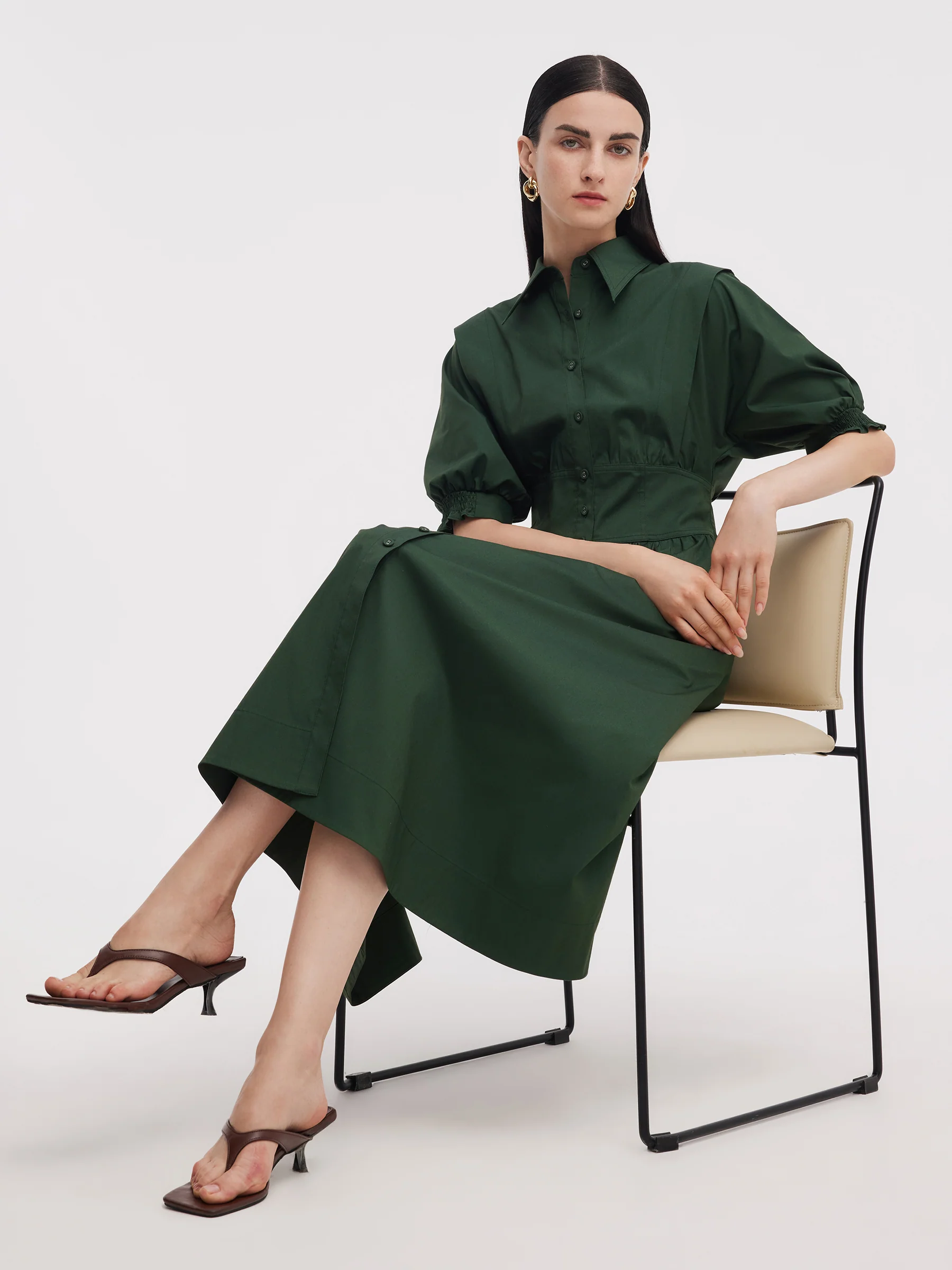 Dark Green Gathered Waist Women Maxi Shirt Dress - Image 4