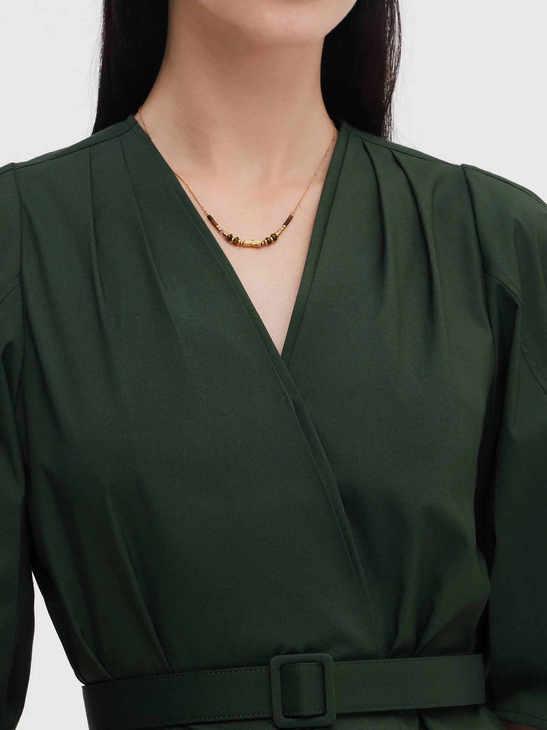 Dark Green V-Neck Women Blouse With Belt - Image 6