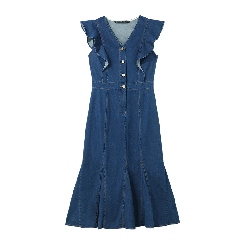 Denim Blue Ruffle Sleeveless Fishtail Midi Dress - Image 6