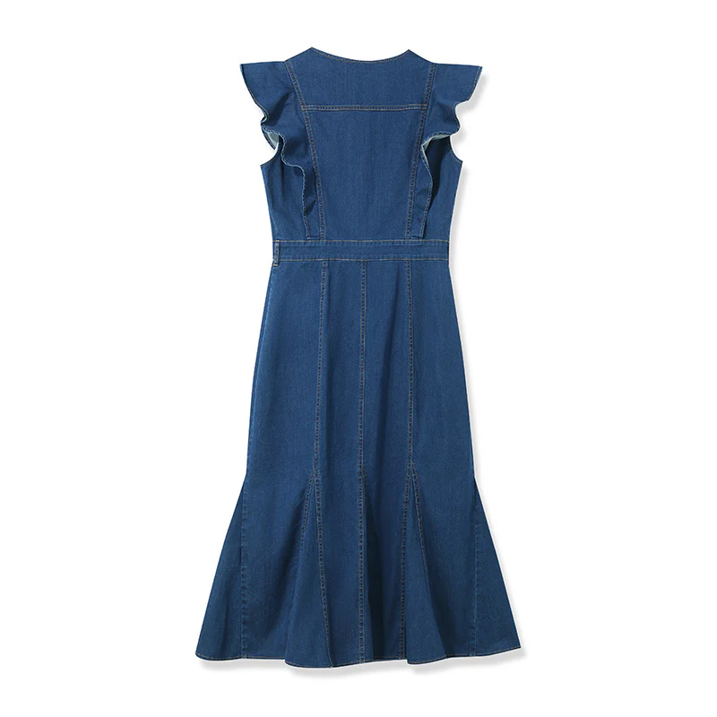 Denim Blue Ruffle Sleeveless Fishtail Midi Dress - Image 7