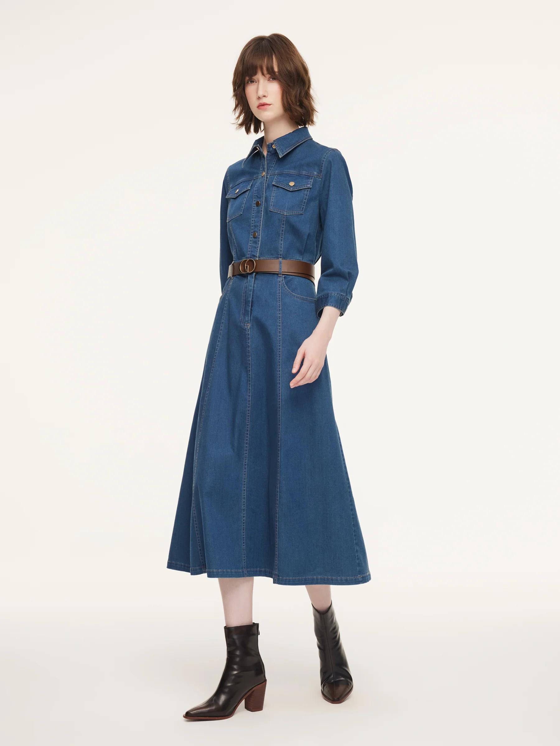 Denim Gathered Waist Women Maxi Dress With Belt - Image 2