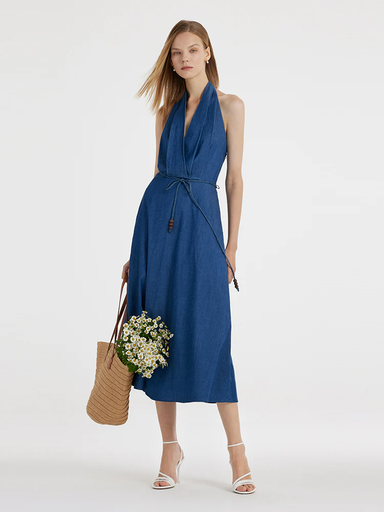 Denim Halter Women Midi Dress With Rope Belt - Image 2