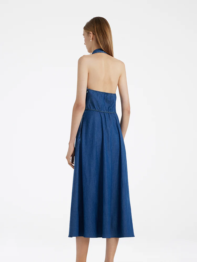 Denim Halter Women Midi Dress With Rope Belt - Image 5