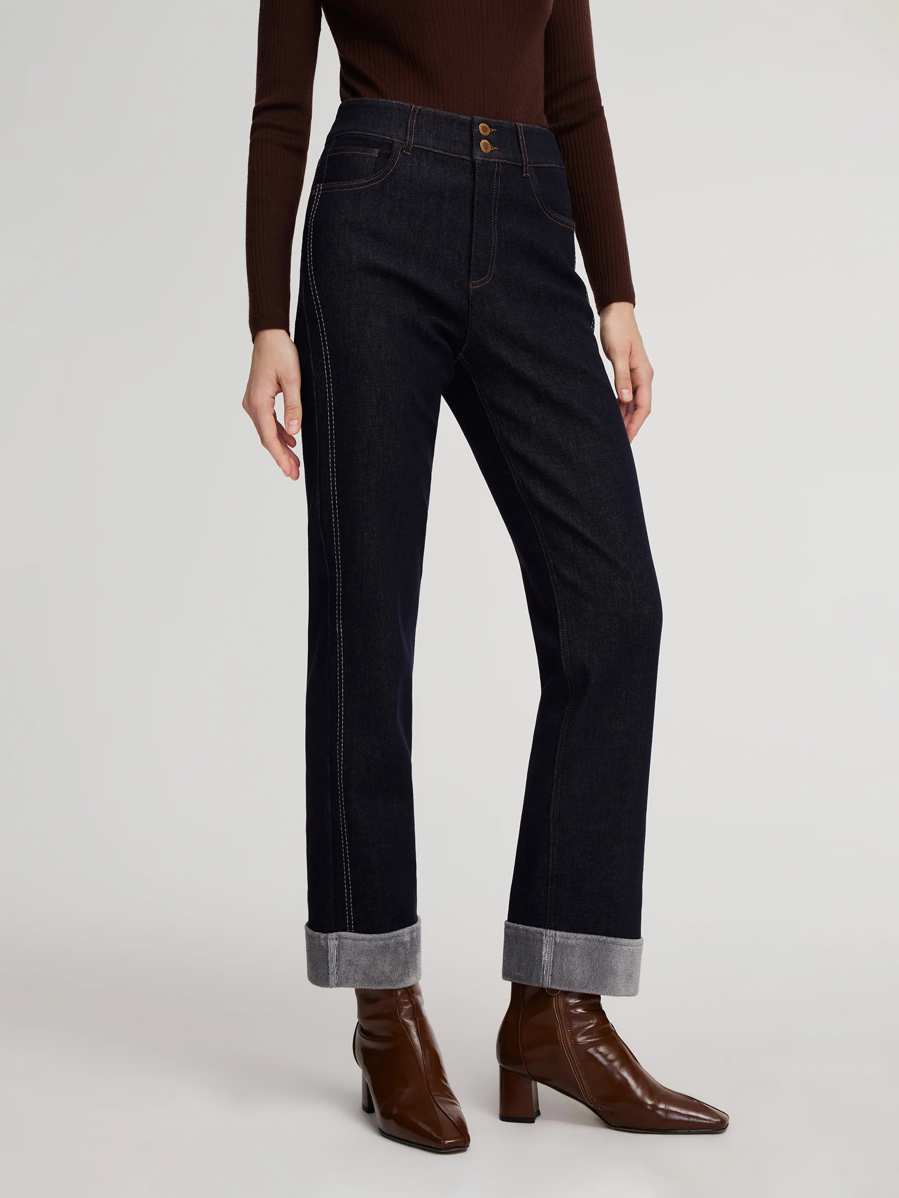 Denim High-Waisted Fleece Lined Women Folded Jeans - Image 6
