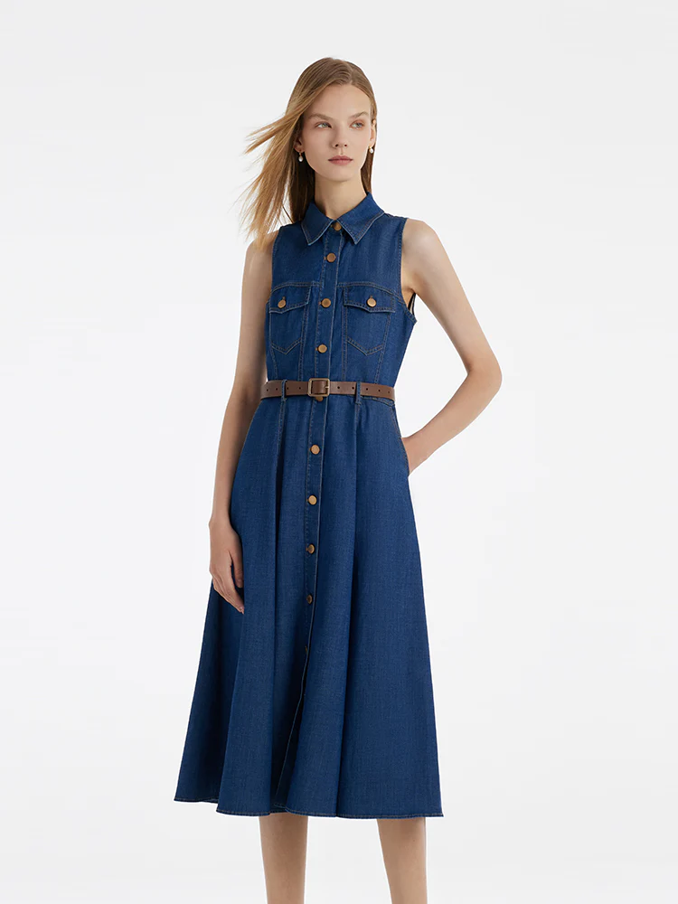 Denim Lapel Women Midi Vest Dress With Belt - Image 3