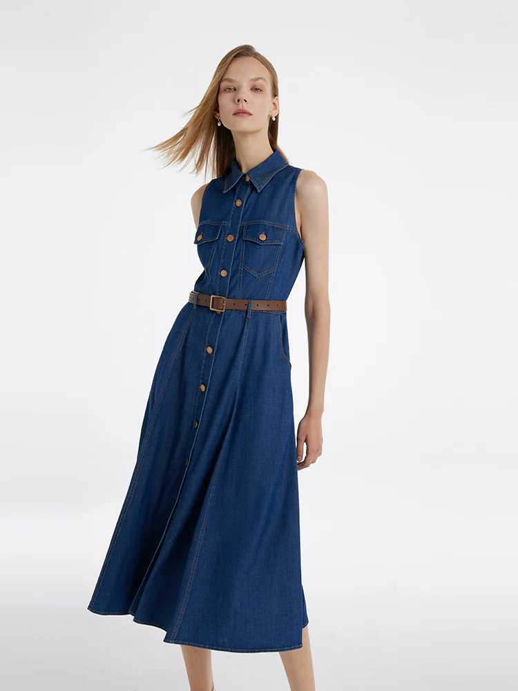 Denim Lapel Women Midi Vest Dress With Belt - Image 4