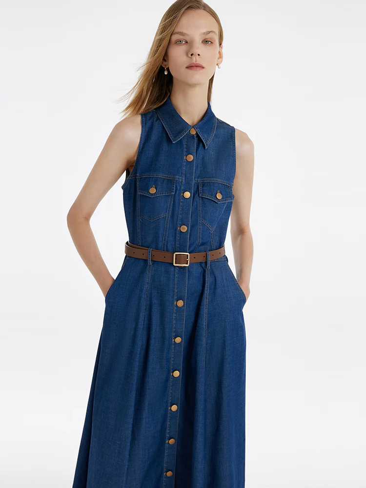 Denim Lapel Women Midi Vest Dress With Belt - Image 7