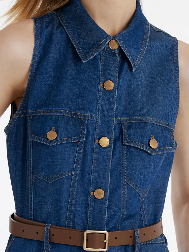 Denim Lapel Women Midi Vest Dress With Belt - Image 8