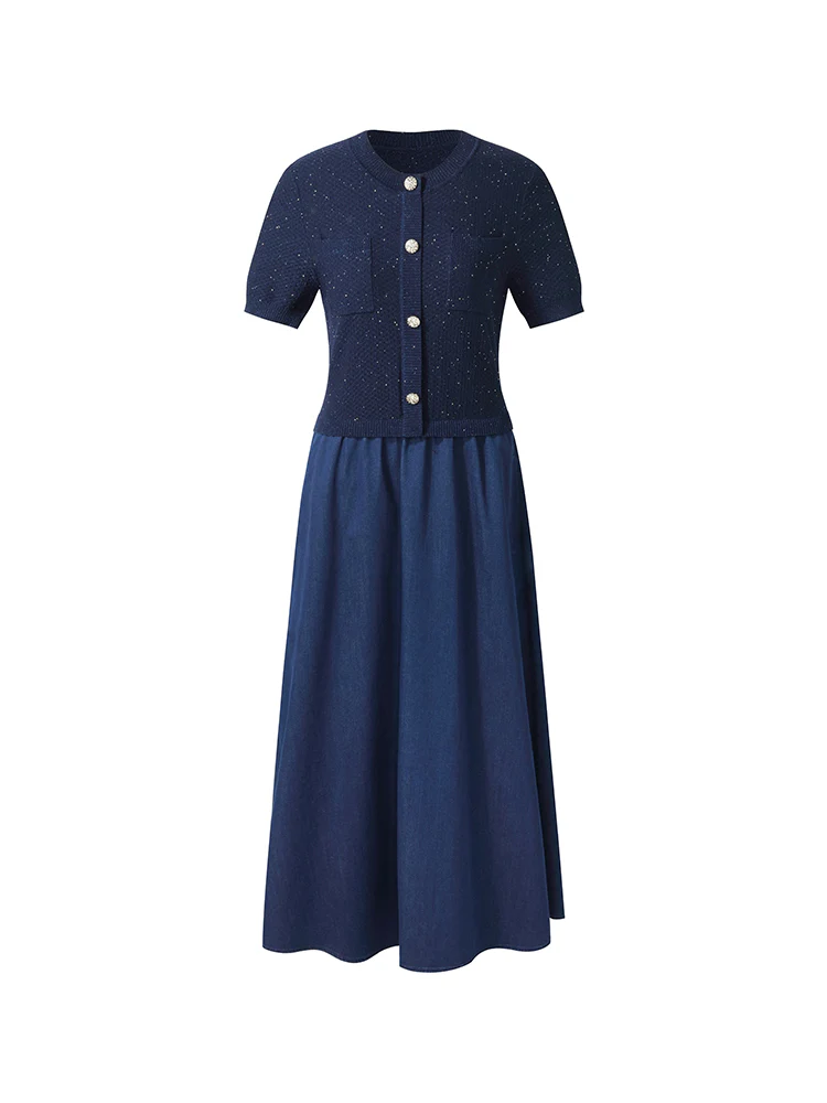 Denim Patchwork Sequins Gathered Waist Women Midi Dress - Image 8