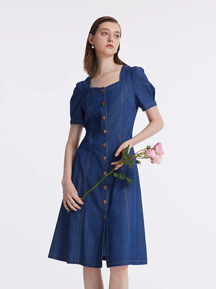 Denim Puff Sleeves Single-Breasted Women Midi Dress - Image 4