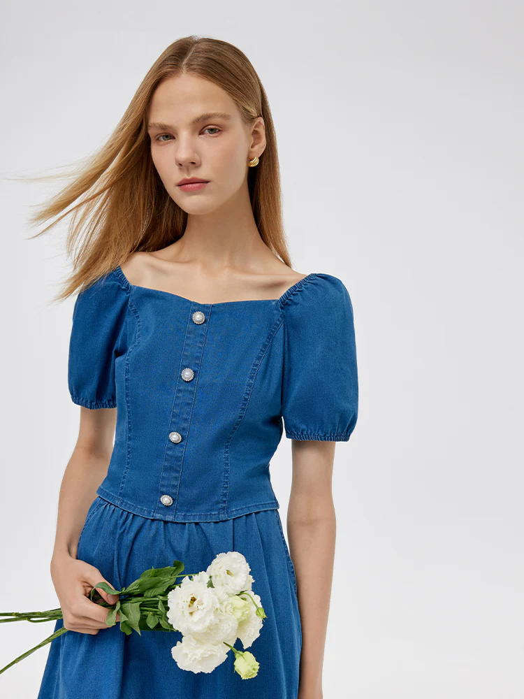 Denim Puff Sleeves Top And A-Line Skirt Two-Piece Set - Image 4
