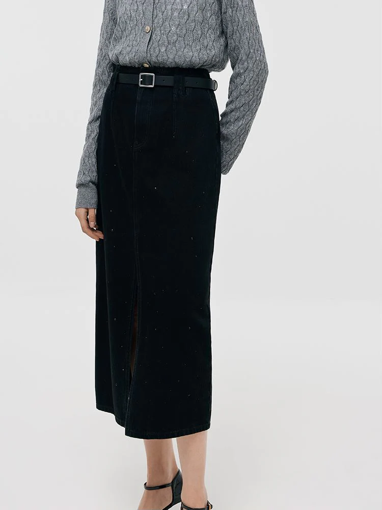 Denim Rhinestone Slit Women Skirt With Belt - Image 4