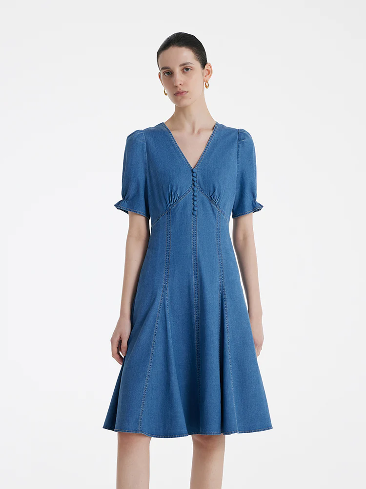 Denim V-Neck Gathered Waist Women Midi Dress - Image 3