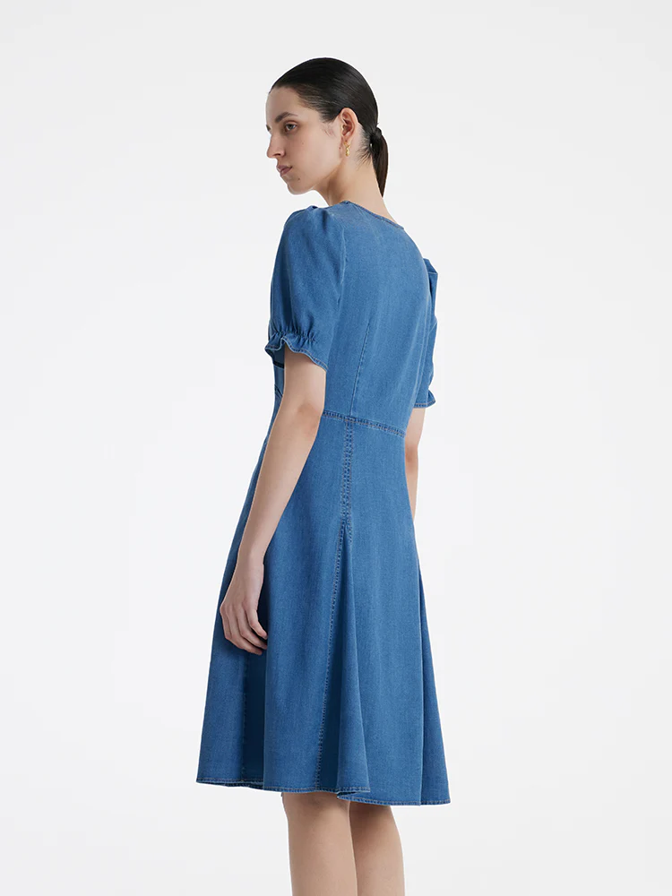 Denim V-Neck Gathered Waist Women Midi Dress - Image 5