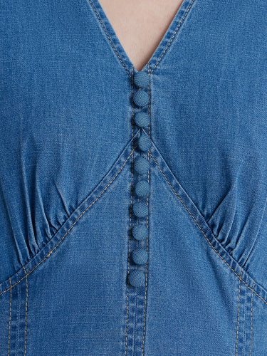 Denim V-Neck Gathered Waist Women Midi Dress - Image 7